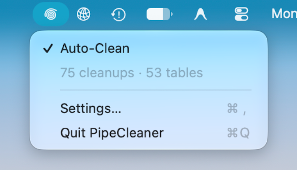 The PipeCleaner menu bar dropdown with the Auto-Clean toggle and a running count of cleanups